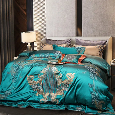 Luxury Golden Green Satin Cotton 1000TC Embroidery Duvet Cover Bedding Set